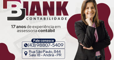 Biank Contabilidade anúncio onde aparece o endereço em Andirá e a Wanessa Nolli do lado