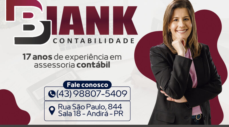 Biank Contabilidade anúncio onde aparece o endereço em Andirá e a Wanessa Nolli do lado