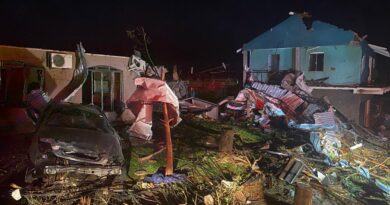Diversas casas danificadas por desastre natural, incluindo árvores e veículos destruídos.